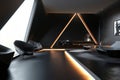 A dramatic 3D black interior with sharp, angular forms and soft, ambient lighting. The sleek