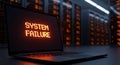Urgent laptop displaying system failure message indicating a catastrophic data center crash. Royalty Free Stock Photo