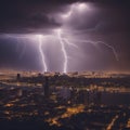 Lightning strike over city at night. 3D Rendering. Royalty Free Stock Photo