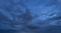 Dramatic dark blue clouds sky with thunder storm and rain at night. Abstract nature landscape background Royalty Free Stock Photo