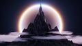 Dramatic dark mountain peak silhouetted against a glowing celestial orb Royalty Free Stock Photo