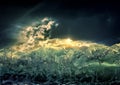 Dramatic dark ocean sea storm view with sun light clouds and waves. Abstract nature background. Climate concept. Extreme weather