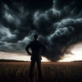 Man standing before Dramatic dark sky and clouds. Cloudy sky background. Black sky before thunder storm and rain