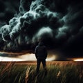 Man standing in field Dramatic dark sky and clouds. Cloudy sky background. Black sky before thunder storm and rain