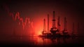 Dramatic Decline in Oil Prices Shown Through Sharp Red Candlesticks on a Dark Background With Rig Silhouettes in the Royalty Free Stock Photo