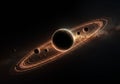 A dramatic depiction of a fictional ringed planet in space. The planet is orbited by Royalty Free Stock Photo