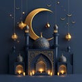 Dramatic depiction of a mosque under a large golden moon with stars and hanging lanterns.