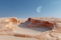 Dramatic desert landscape with crescent moon