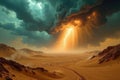 Dramatic desert landscape with lightning storm and golden rays of sunlight piercing dark clouds. Generative AI Royalty Free Stock Photo