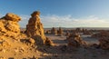 Desert hoodoos glow golden beneath a blue sky and moon Royalty Free Stock Photo