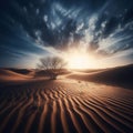 Dramatic desert sunrise with alone tree and sand dunes.