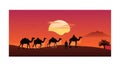 Dramatic Desert Sunset with Camel Caravan, Vibrant Sky and Silhouettes, vector design Generative AI Royalty Free Stock Photo