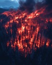 Massive forest fire burning through a dense pine forest at night, vivid red flames and thick dark smoke Royalty Free Stock Photo