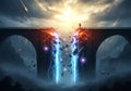 A dramatic digital artwork depicting a partially destroyed stone bridge between two cliffs. The Royalty Free Stock Photo