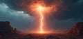 Dramatic digital artwork shows big lightning strike in desert. Light illuminates ground. Dark storm clouds on background. Rocks, Royalty Free Stock Photo