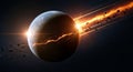 Cataclysmic Collision of Planet with Asteroids and Fiery Debris in Deep Space impact destruction Royalty Free Stock Photo