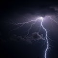 Dramatic display of a lightning bolt branching across a dark, cloud-laden sky. The Royalty Free Stock Photo