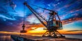Dramatic Dock Crane Silhouette Against a Vibrant Blue Sky Capturing the Rusty Elegance of Industrial Machinery in Low Royalty Free Stock Photo