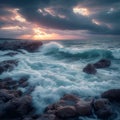 Dramatic dusk scene captures breaking waves against a rocky shoreline