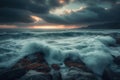 Dramatic dusk scene captures breaking waves against a rocky shoreline