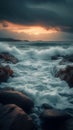 Dramatic dusk scene captures breaking waves against a rocky shoreline