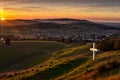 Dramatic Panorama Easter Sunday Morning Sunrise With Cross On Hill Royalty Free Stock Photo