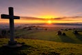 Dramatic Panorama Easter Sunday Morning Sunrise With Cross On Hill Royalty Free Stock Photo