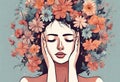 Dramatic and Emotional: Sad Girl Illustration Gentle Sadness Beautiful woman Moody Portrait with flowers Royalty Free Stock Photo