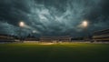 A dramatic empty cricket stadium under towering dark storm clouds illuminated by powerful bright floodlights preparing for a match Royalty Free Stock Photo