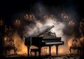 Dramatic environment with smoke and fog with piano silhouette on a stage. Music time. AI generated