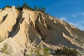 Dramatic eroded sand cliffs and gullies of an abandoned quarry under a clear blue sky in sunny weather Royalty Free Stock Photo