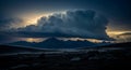 Dramatic evening scene in a mountainous landscape with dark, towering cumulo Royalty Free Stock Photo