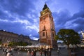 Dramatic evening view on town hall tower on main square in Krakow, Poland