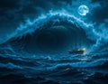 Epic Sea Voyage: Ship Navigating a Stormy Night Royalty Free Stock Photo