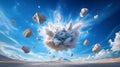 Dramatic explosion in a bright blue sky with scattered rocks and clouds above a mountain Royalty Free Stock Photo