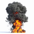 Dramatic Explosion with Bright Orange Flames and Billowing Gray Smoke Isolated on White Background Royalty Free Stock Photo