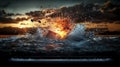 Dramatic explosion event in ocean visual art sunset environment close-up viewpoint impactful concept Royalty Free Stock Photo