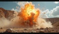 Dramatic explosion in open cast mining quarry. Powerful blast with dust and rock fragments. Energy, destruction, and Royalty Free Stock Photo