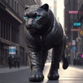 dramatic ,extremely detailed scene, humanoid with panther face and a pumped-up human body, walks confidently on the city street.