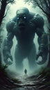 Giant Fantasy Creature Emerging from Foggy Forest Facing a Lone Traveler on Misty Path Royalty Free Stock Photo