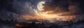 Dramatic Fantasy Landscape With Majestic Mountains Under Moonlit Sky. Surreal Panorama Of Volcanic Mountains. Generative