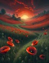 Dramatic Field of Red Poppies at Sunset, Natural Landscape, Generative AI Royalty Free Stock Photo
