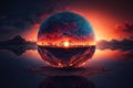 a dramatic, fiery sunrise over a globe