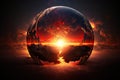 a dramatic, fiery sunrise over a globe