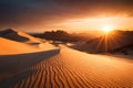 A dramatic, fiery sunrise over a rugged desert landscape, casting long shadows over the sand dunes
