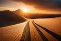 A dramatic, fiery sunset casting long shadows over a desert landscape