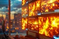 Dramatic Fiery Sunset Reflected on Multiple Computer Screens in an Urban Office Setting