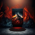 Dramatic, fiery volcanic background with a dark, metallic podium display AI generation