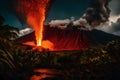 A dramatic, fiery volcano erupting in a tropical setting