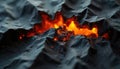 Dramatic fire burns through black paper creating intense texture. Flames erupt from deep cracks, showing destruction, Royalty Free Stock Photo